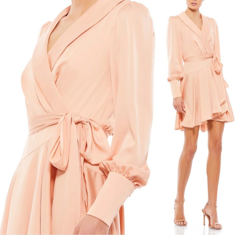 Mac Duggal 12514 Size 8 Salmon Pink Satin Long Bishop Sleeve Short Wrap Dress
